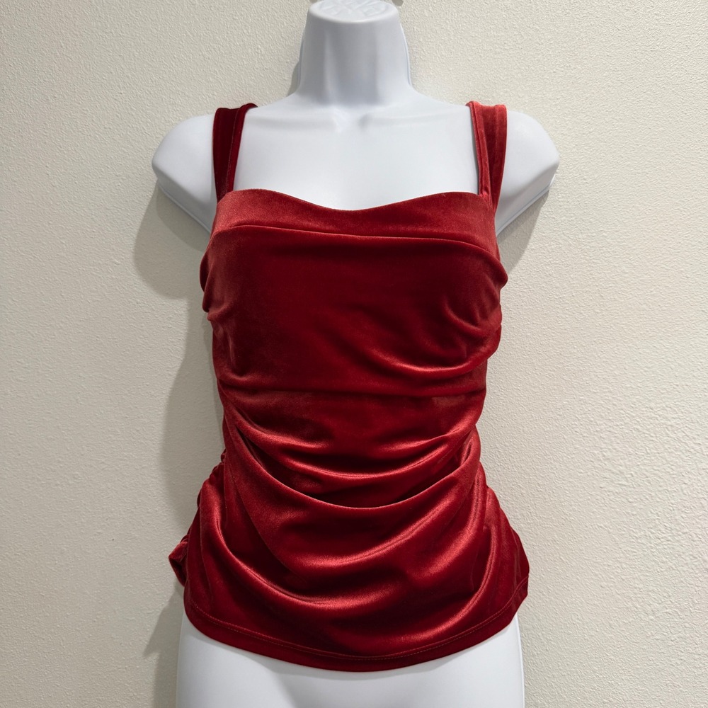 NEW Reformation Trish Knit Top Womens L Ruched Velvet Sweetheart Top Coral Red